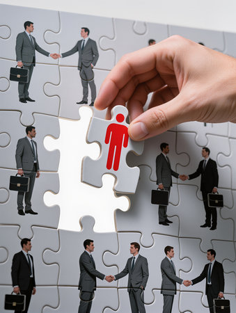 Hand of businesswoman connecting jigsaw puzzle piece with group of business peopleの素材