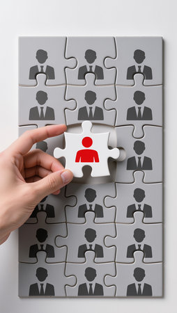 Hand connecting jigsaw puzzle piece with human icon, business concept.の素材