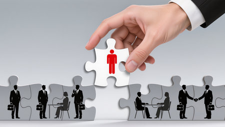 Businessman hand connecting jigsaw puzzle pieces. Teamwork and partnership conceptの素材