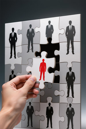 Businessman assembling jigsaw puzzle with missing piece. Conceptual imageの素材