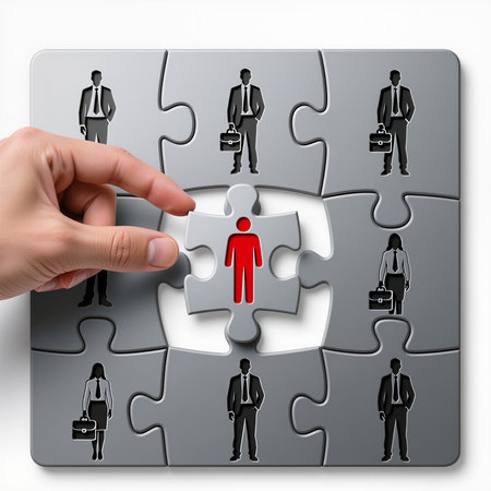 Business people and jigsaw puzzle on white background, 3d renderingの素材