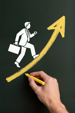 Businessman drawing a graph on a blackboard with a yellow pencilの素材