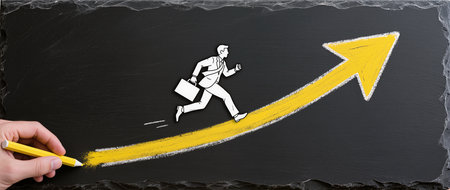 Digital composite of Businessman running up yellow arrow against black background with copy spaceの素材