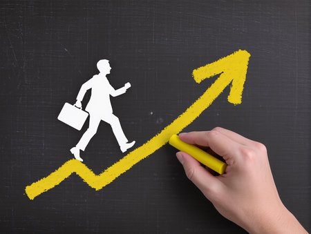businessman running up on chalkboard, success and growth concept.の素材