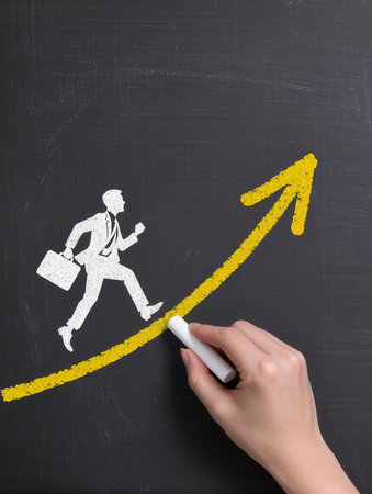 businessman going up on a chalkboard with an arrow pointing upの素材