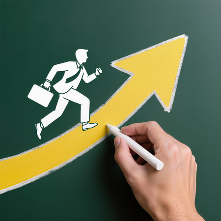businessman running on yellow arrow on blackboard, business success conceptの素材