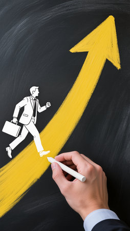 businessman drawing arrow up on blackboard, success and growth conceptの素材