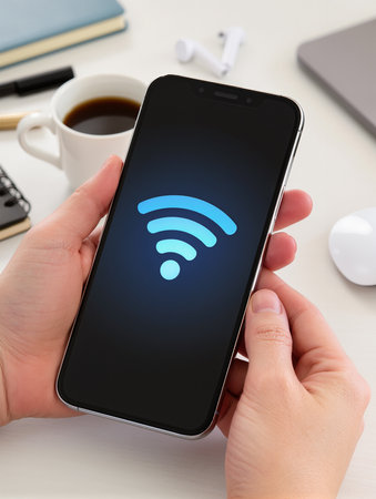 Wifi icon on smart phone screen. Wireless internet connection concept.の素材