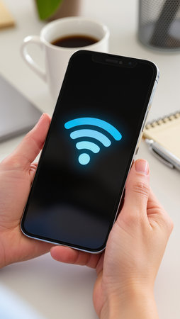 Wifi icon on the screen of a smartphone in female hands.の素材