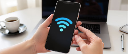 Wifi connection on smart phone screen. Wireless technology and internet concept.の素材