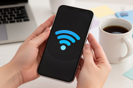 Wifi icon on the screen of a smartphone in female hands.の素材