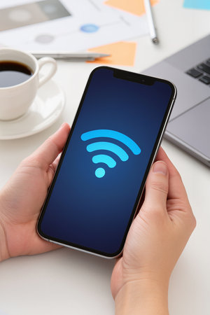 Female hand holding a smartphone with free wifi icon on the screen.の素材