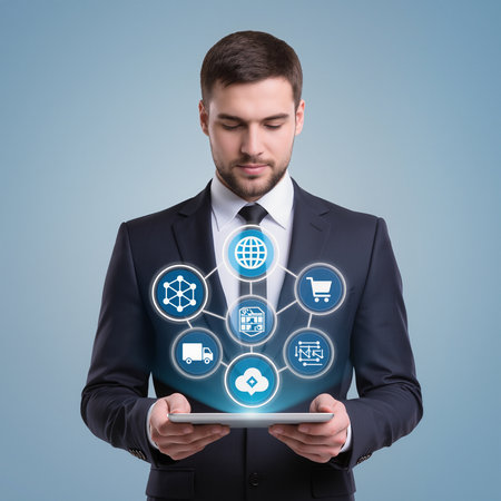 Businessman holding tablet with application icons on it. Blue background.の素材