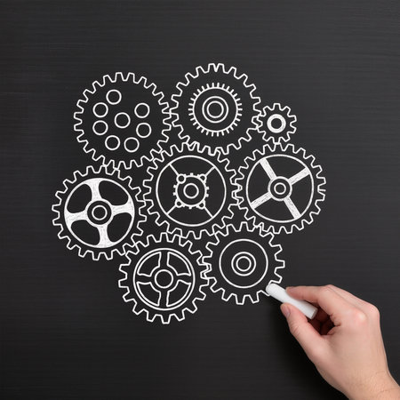 hand drawing gear wheels on blackboard, concept of teamwork and cooperationの素材