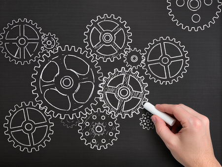 Hand drawing gear wheels on blackboard, close-up. Teamwork conceptの素材