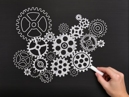 hand drawing gears on blackboard, concept of teamwork and business successの素材