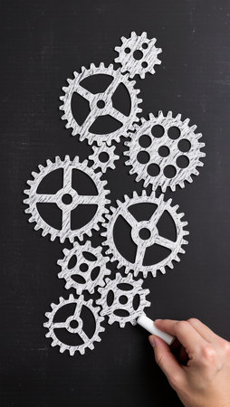 Hand drawing gear wheels on blackboard, top view with copy spaceの素材