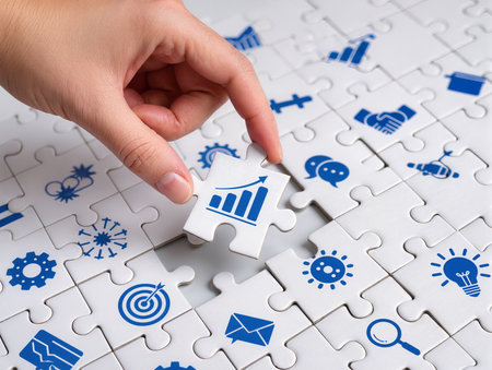 Business concept image of human hand assembling jigsaw puzzle with missing pieceの素材