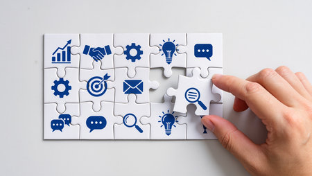 Hand of businesswoman connecting jigsaw puzzle pieces with business icons.の素材