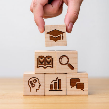 Concept of education, learning, research and development. Wooden blocks with iconsの素材
