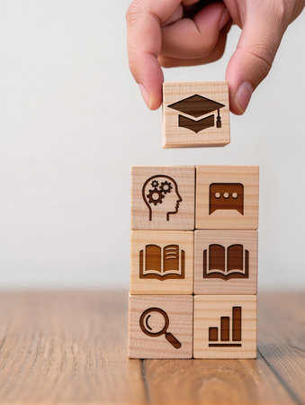 Conceptual image of education and learning. Wooden blocks with iconsの素材