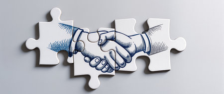 Handshake of business partners on a white jigsaw puzzle background.の素材