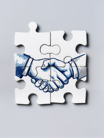 Handshake of business people on jigsaw puzzle. Partnership concept.の素材