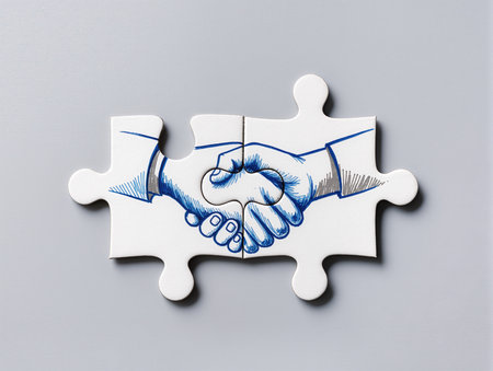 Puzzle pieces with handshake symbol on grey background, business partnership conceptの素材