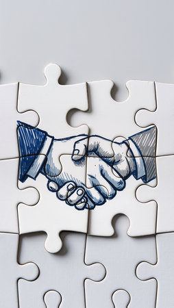 Handshake made of jigsaw puzzle pieces. Business concept image.の素材