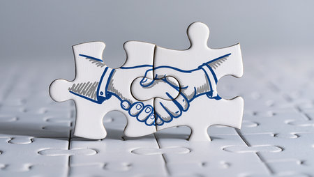 Jigsaw puzzle with two businessmen shaking hands. Concept of partnership.の素材