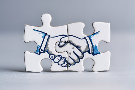 Puzzle with the image of a handshake. The concept of cooperation.の素材