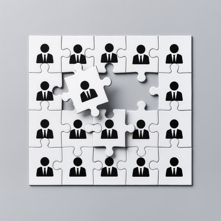 3d rendering of group of business people puzzle pieces over grey backgroundの素材