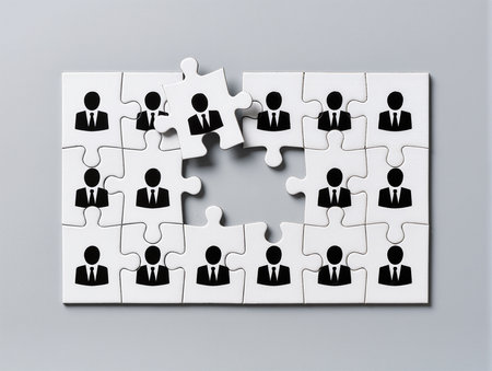 White jigsaw puzzle pieces with one missing piece, business solution conceptの素材