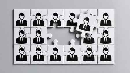 White jigsaw puzzle pieces with businessman icons. 3D Renderingの素材