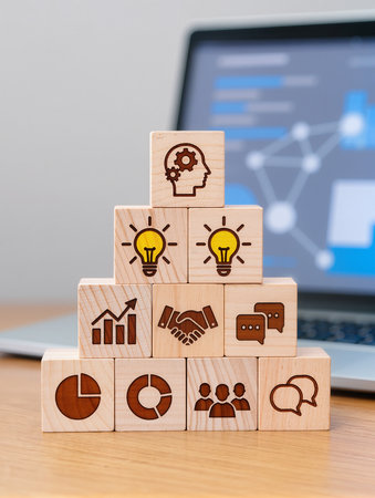 Wooden blocks with business icons on a desk in front of a laptopの素材