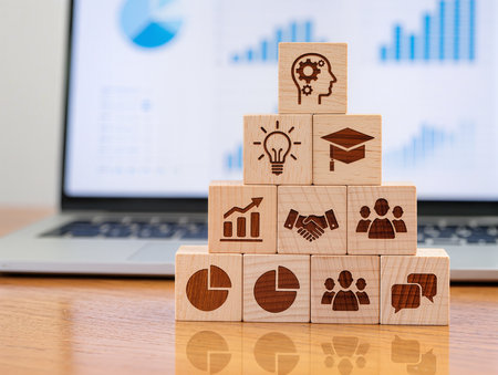 Wooden blocks with business icons on wooden table with laptop computer backgroundの素材