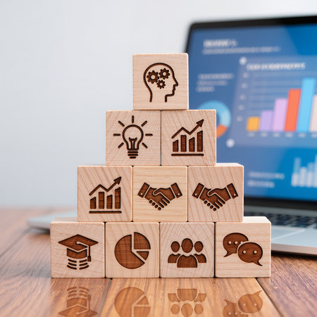 Wooden blocks with business icons on top of a laptop on a wooden tableの素材