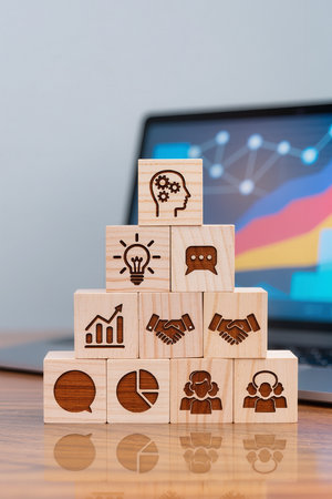 Wooden blocks with business icons on a desk in front of a laptopの素材