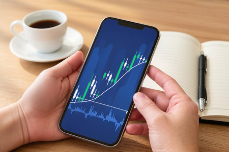 Smartphone screen displaying stock market data on the screen, stock market conceptの素材
