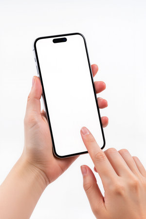 Female hands holding a modern smartphone with white screen isolated on white backgroundの素材