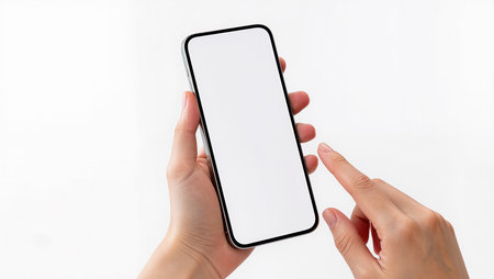 Mockup image of female hands holding smartphone with blank white screen isolated on white backgroundの素材