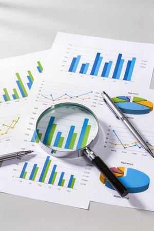 Magnifying glass on business papers with graphs and diagrams, analysis conceptの素材