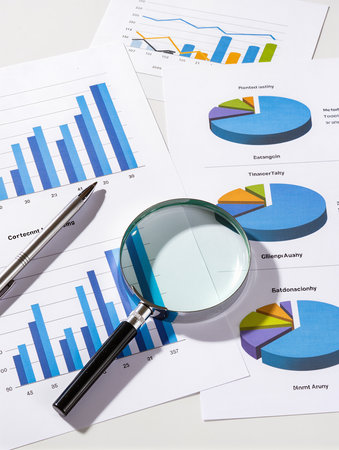 Magnifying glass on business papers with graphs and charts, analysis conceptの素材