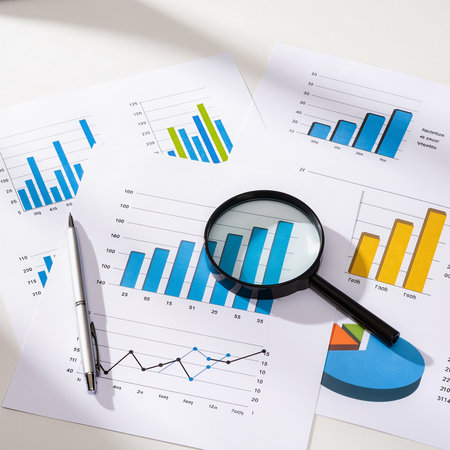 Magnifying glass on business papers with graphs and charts. Business analysis conceptの素材