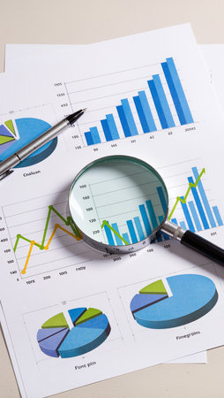 Magnifying glass and business chart on the desk. Financial concept.の素材