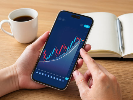smartphone with stock market graph on screen and coffee cup on tableの素材
