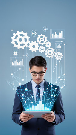 Businessman using tablet with graph and gear icons on the blue backgroundの素材