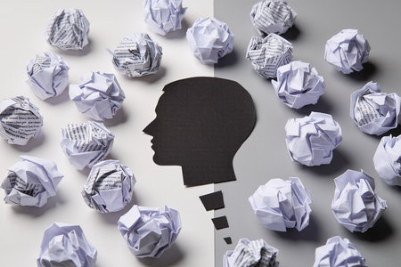 Silhouette of a man surrounded by crumpled paper ballsの素材