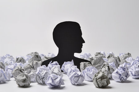 Silhouette of a man surrounded by crumpled paper ballsの素材