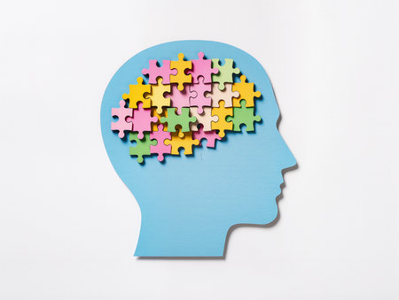 Silhouette of human head with colorful puzzle pieces on white backgroundの素材